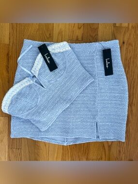 Lulus Light Blue & Ivory Smocked Crop Top & Mini Skirt Set NWT Top S Skirt L
